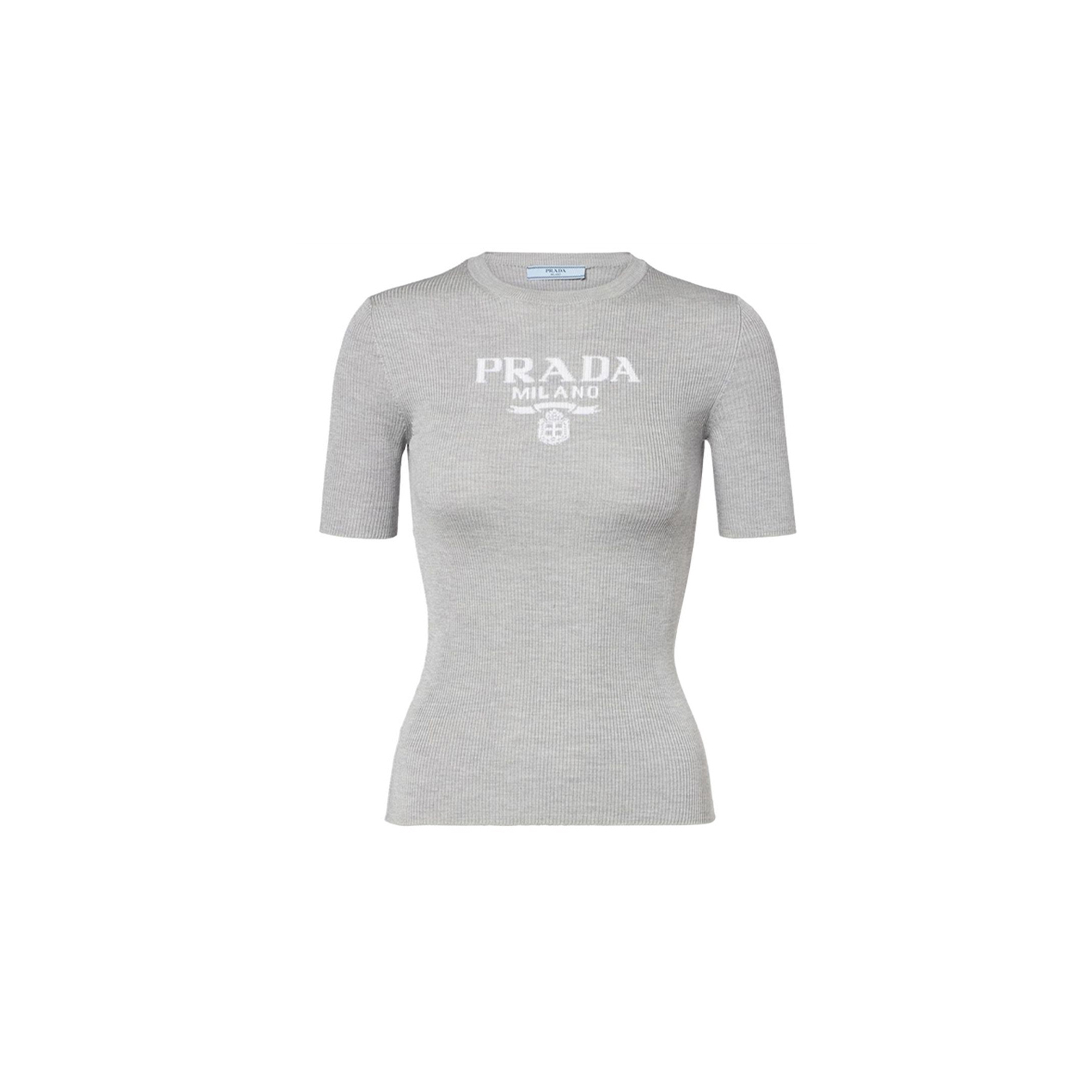 PRADA WOMEN'S GRAY LOGO RIBBED-TRIM SILK T-SHIRT 